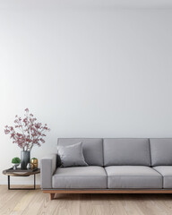 Minimalist living room interiors composition with a tv set, a sofa and a window providing natural lighting. Luxury Real Estate composition.