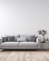 Minimalist living room interiors composition with a tv set, a sofa and a window providing natural lighting. Luxury Real Estate composition.