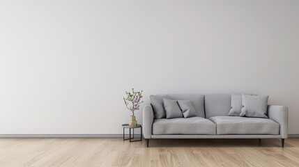 Minimalist living room interiors composition with a tv set, a sofa and a window providing natural lighting. Luxury Real Estate composition.