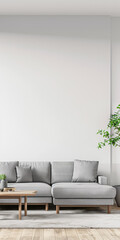 Minimalist living room interiors composition with a tv set, a sofa and a window providing natural lighting. Luxury Real Estate composition.