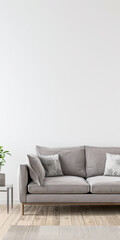 Minimalist living room interiors composition with a tv set, a sofa and a window providing natural lighting. Luxury Real Estate composition.