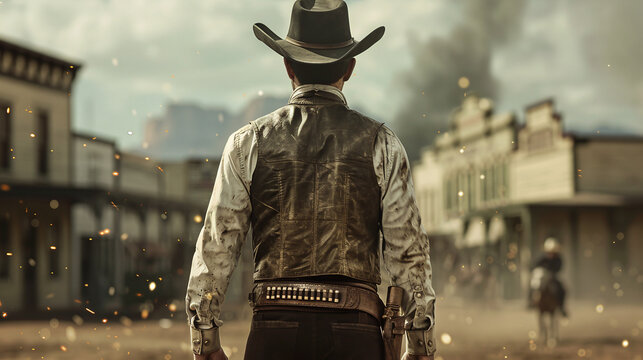 back of a cowboy before a revolver duell
