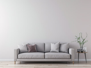Minimalist living room interiors composition with a tv set, a sofa and a window providing natural lighting. Luxury Real Estate composition.
