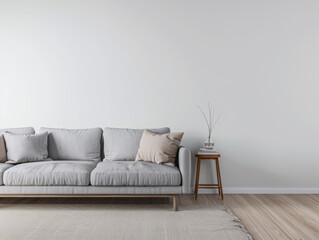 Minimalist living room interiors composition with a tv set, a sofa and a window providing natural lighting. Luxury Real Estate composition.