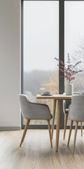 Minimalist living room interiors composition with a dinning table next to a window, no people and minimal furniture. Luxury Real Estate composition.