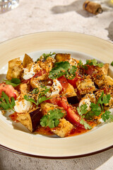 Crispy Eggplants with Tomatoes and Cheese in Sweet and Sour Sauce – Natural Light Still Life