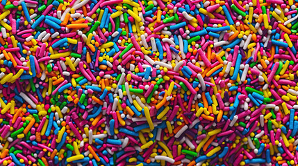 Rainbow sprinkles background tile realistic photo. Close up food photography, for advertisement, product promotion, background, wallpaper.