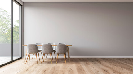 Minimalist living room interiors composition with a dinning table next to a window, no people and minimal furniture. Luxury Real Estate composition.