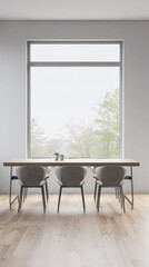 Fototapeta premium Minimalist living room interiors composition with a dinning table next to a window, no people and minimal furniture. Luxury Real Estate composition.