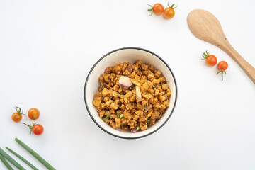 Orek tempe or Sauteed Tempeh is a typical Indonesian cuisine with herbs, garlic, onion, chilli and soy sauce. It tastes delicious.