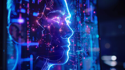 Human Face 3D Icon Projected from a Monitor, Bluish Rays Representing Neural and Electronic Origins and Communication