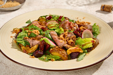 Authentic Roast Beef Salad with Baked Potatoes in Sunlit Aesthetic Still Life on Natural Beige Table