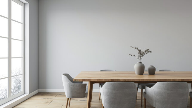 Minimalist living room interiors composition with a dinning table next to a window, no people and minimal furniture. Luxury Real Estate composition.