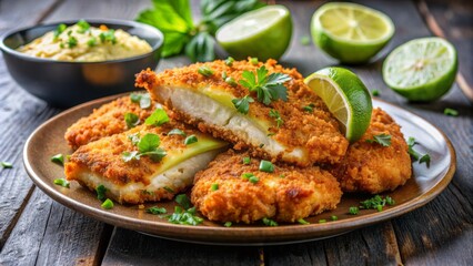 Fototapeta premium A delectable photograph showcasing crispy baked chicken breasts smothered in a rich, creamy, melted cheese sauce with fresh parsley sprinkles.