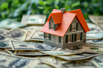 &ldquo;Miniature House Model on US Dollar Bills&rdquo;. The picture concept tells about saving and investing for old age.