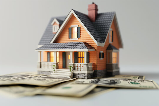 &ldquo;Miniature House Model on US Dollar Bills&rdquo;. The picture concept tells about saving and investing for old age.