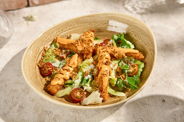Delicious Mixed Salad with Tempura Chicken Fillet and Spicy Sauce in Sunlit Still Life