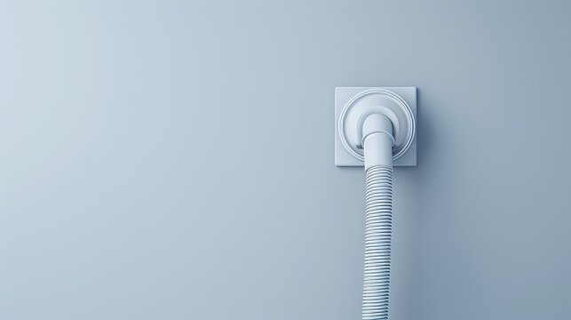 Central vacuum hose plugged into a wall inlet, sleek and modern design, detailed textures, clean and functional setting, minimalist background