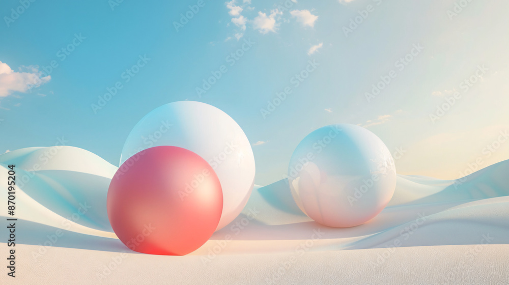 Poster abstract background with three spheres in different colors, pastel color palette, minimalistic style