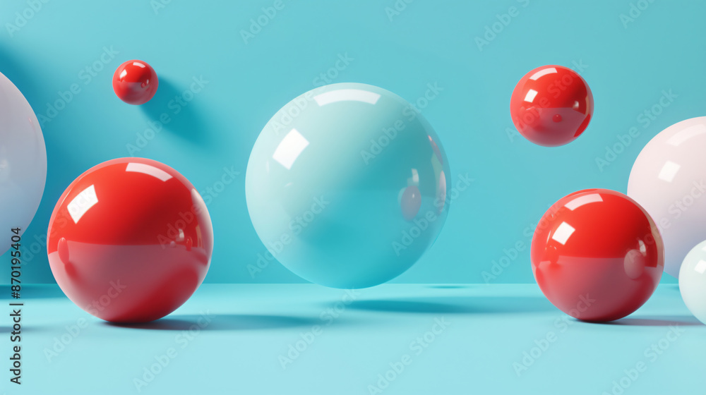 Poster abstract background with three spheres in different colors, pastel color palette, minimalistic style