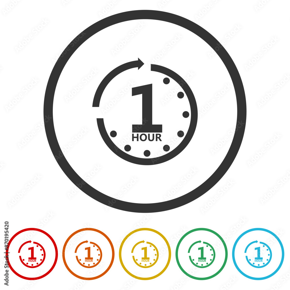 Poster one hour clock icon. set icons in color circle buttons