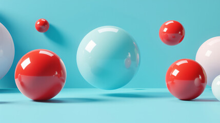 Abstract background with three spheres in different colors, pastel color palette, minimalistic style, 3D rendering illustration. The composition is simple and elegant, featuring smooth curves of vario