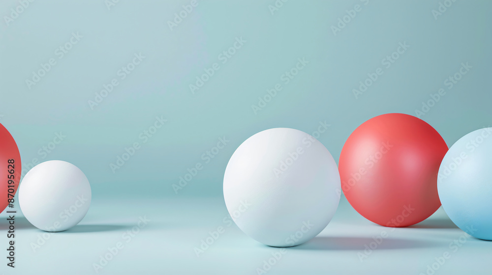Poster abstract background with three spheres in different colors, pastel color palette, minimalistic style