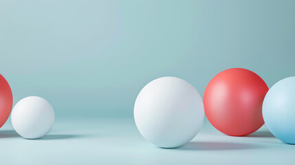 Abstract background with three spheres in different colors, pastel color palette, minimalistic style, 3D rendering illustration. The composition is simple and elegant, featuring smooth curves of vario