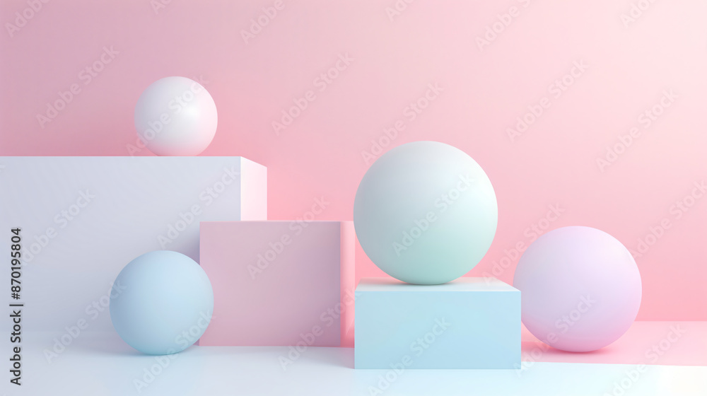 Poster abstract background with three spheres in different colors, pastel color palette, minimalistic style