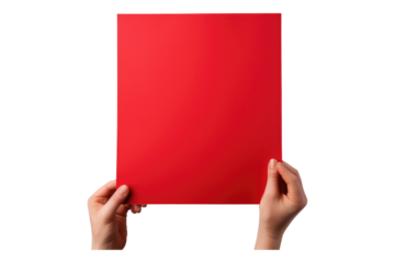 Hand holding red paper isolated on transparent background