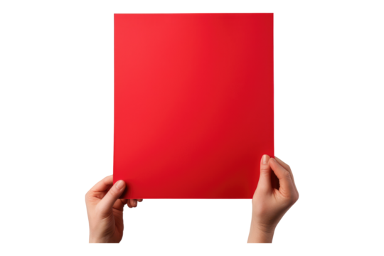 Hand holding red paper isolated on transparent background