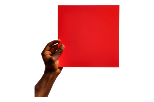 Hand holding red paper isolated on transparent background
