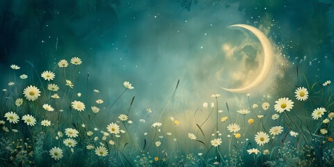 Fototapeta premium Moonlit Meadow: Wildflowers Under a Starry Sky with a Crescent Moon