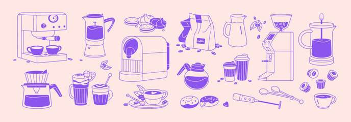 Coffeeshop items sketch. Set of coffeehouse appliances: coffee machine, grinder. Contour pack of coffe beans, coffeepots, paper cups, mug of hot drinks, desserts. Outline isolated vector illustrations