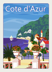 Cote de l azur French Riviera coast poster vintage. Resort, coast, sea, beach. Retro style illustration vector