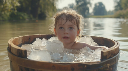 Child in Refreshing Ice Bath by the River