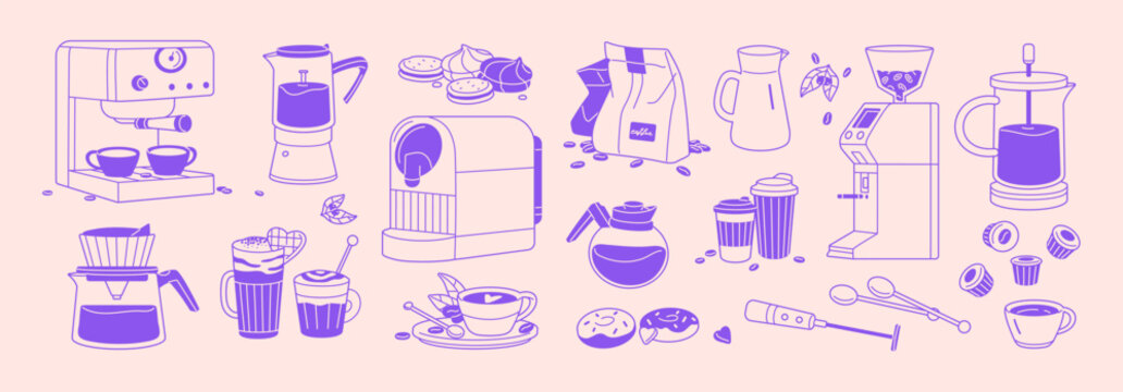 Coffeeshop items sketch. Set of coffeehouse appliances: coffee machine, grinder. Contour pack of coffe beans, coffeepots, paper cups, mug of hot drinks, desserts. Outline isolated vector illustrations