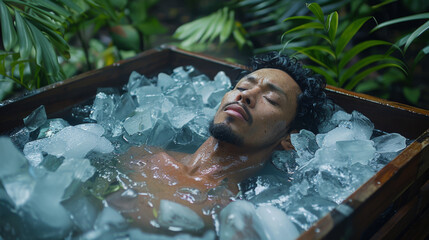 Black Man with Closed Eyes Ice Bathing  in Spa Place for Healthy Life