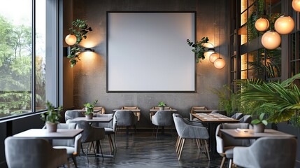 Modern Restaurant Interior with Blank Canvas Mockup