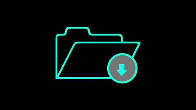 Glowing shape line Download arrow with folder icon isolated on black background.
