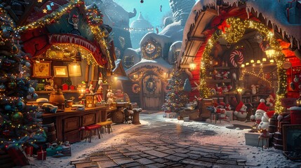 Obraz premium Santa's factory at the North Pole is bustling with activity, gift shops