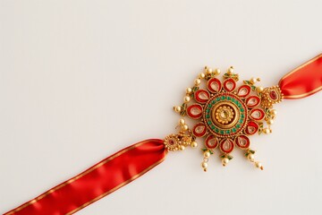 Rakhi with Red Ribbon and Colorful Gems on White Background for Rakshabandhan