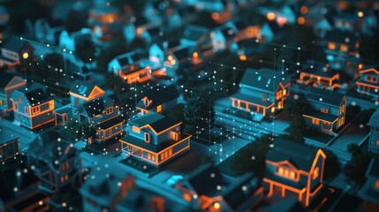 Obraz premium A stunning visualization of a smart city at night showcasing homes with digital network connectivity highlighting modern urban technology