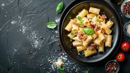 Creamy Pasta Rigatoni With Pork Guanciale And Cheese, A Rich And Satisfying Dish