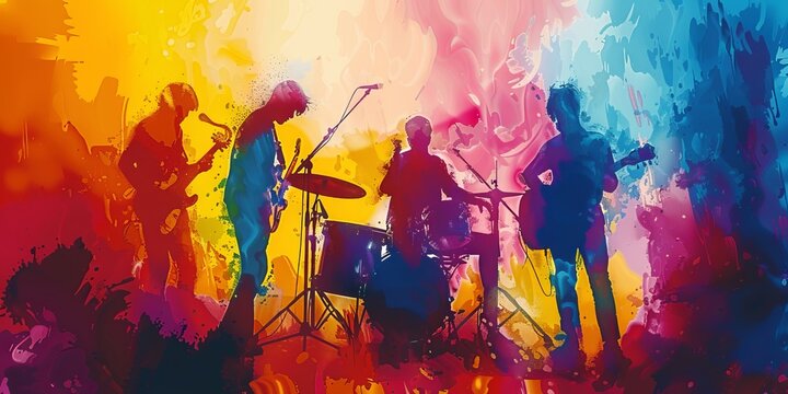 Silhouette Band in Vibrant Abstract Watercolor Art Performance
