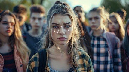 Fototapeta premium Young woman looking sad while a group of friends stand behind her, in the background, an emotional and distressed young girl with tears on her face facing the camera among school students outdoors. Th