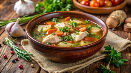 Deliciously garnished vegetable soup with tender chicken fillet and fresh herbs in a warm, earthy-toned ceramic bowl.