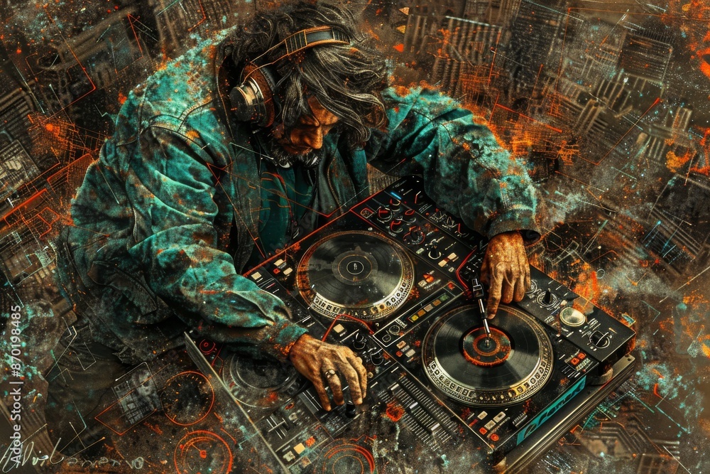 Poster dj with futuristic setup and vibrant energy creating an electrifying performance