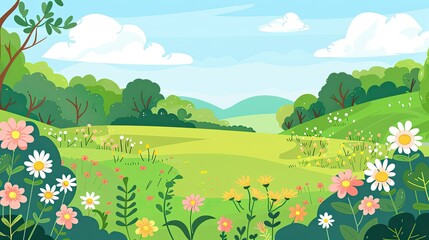 Fototapeta premium Natural meadow flat design side view theme peace cartoon drawing Triadic Color Scheme
