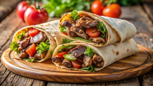 Delicious And Healthy Doner Kebab Wraps With Fresh Vegetables And Grilled Meat.